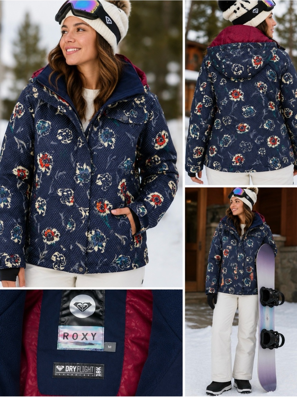 Roxy Navy Floral Ski Jacket with Burgundy Hood Lining